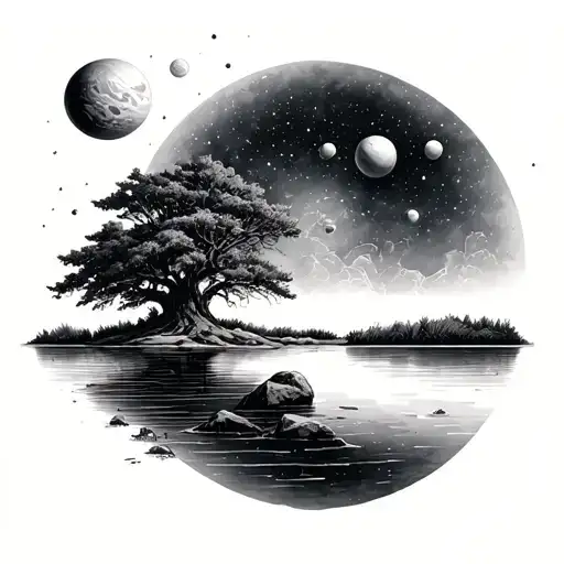 Tree On A Lake With Planets Behind It