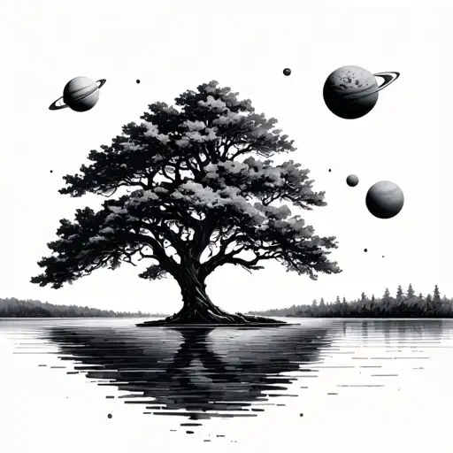 Tree On A Lake With Planets Behind It
