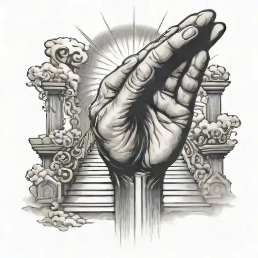 Praying Hands And Behind It A Staircase Going Up And Heaven Gates With Sun Rays