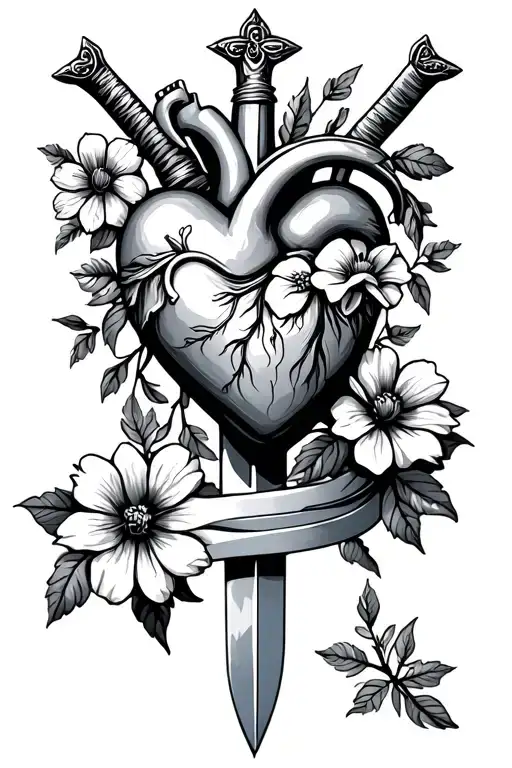 Human Heart With Flowers And A Jesus Cross Sword