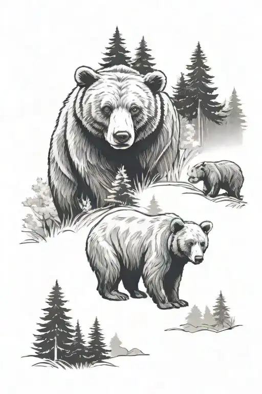 Bear Family Father Mother And Baby In A Forest Scene