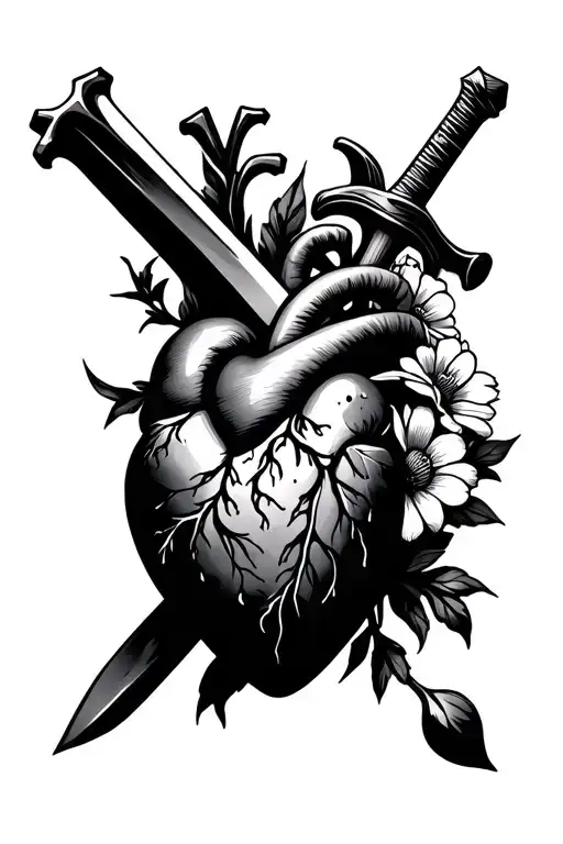 Human Heart With Flowers And A Cross Sword