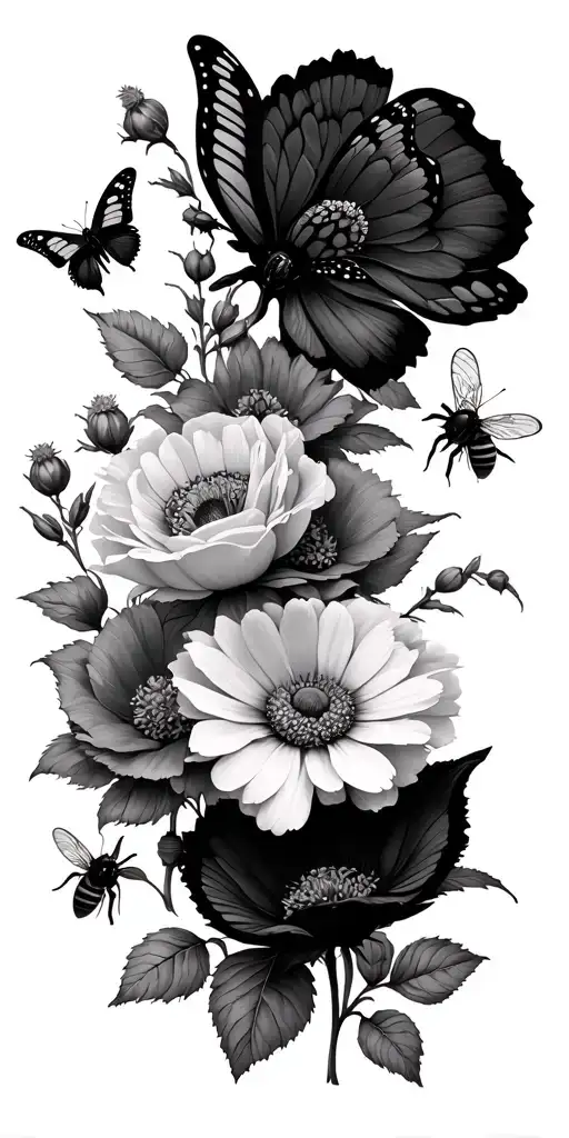 Butterflies Roses Peony Poppies Hawthorne Daisies Sweet Pea Flowers And Bees