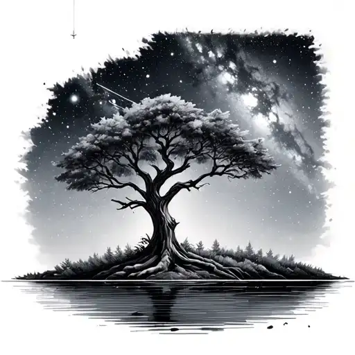 Tree On A Lake With Milkyway And Planets Behind It
