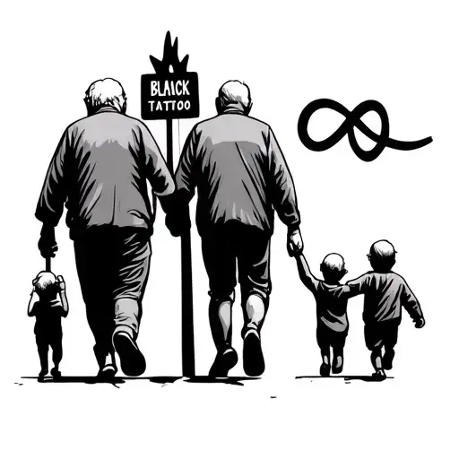 Two Male Grandparents Walking And Holding Hands Of A Child And Add A Sign Of Infinity