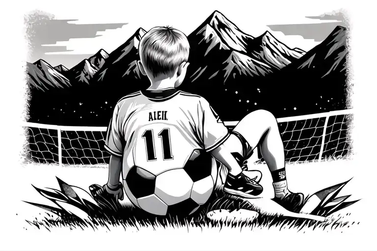 Kid Sitting On Soccer Ball With Number 11 On Back Of Jersey With Mountains In The Background
