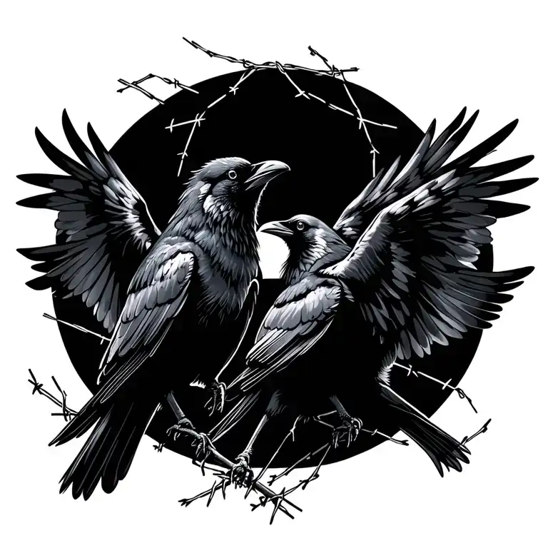 Two Crows Flying Parallel With Barbwire Coming Free Of The Talons And Tattered Wings