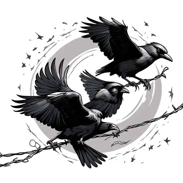 Two Crows Flying Parallel With Barbwire Coming Free Of The Talons And Tattered Wings