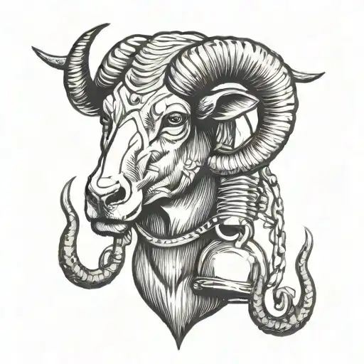 Half Bull Head And Half Ram Head With Weight Scales Hanging From The Horns