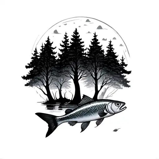 A Forest Wish Fishes Swimming Through Trees