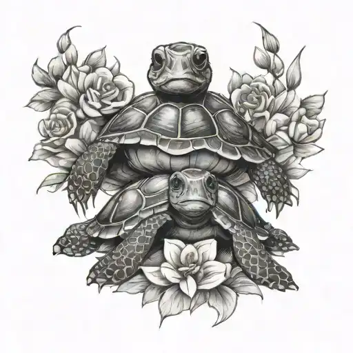 Baby Grillia And Baby Turtle With Flowers Surrounding