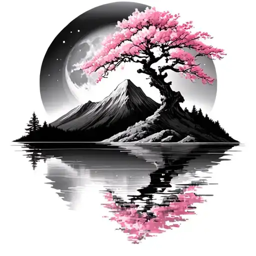 Moon Over Mountain Cascading On Lake With Big Cherry Blossom Tree