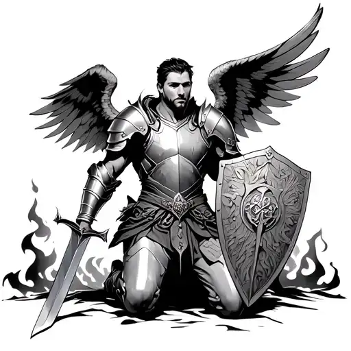 Kneeling Man With Armour And Wings Holding A Sword And Shield With Burning Kingdom Background
