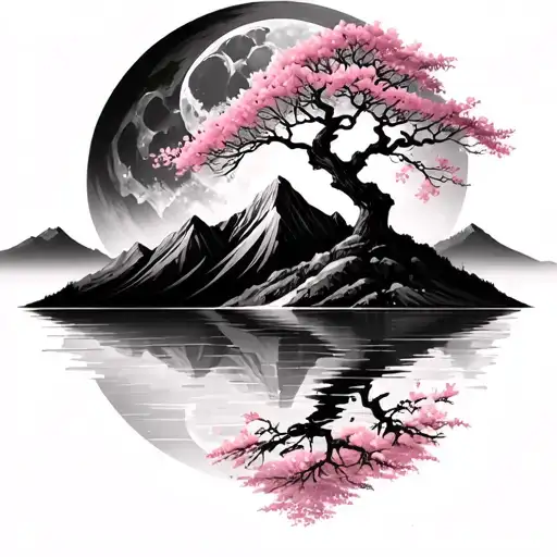 Moon Over Mountain Cascading On Lake With Big Cherry Blossom Tree