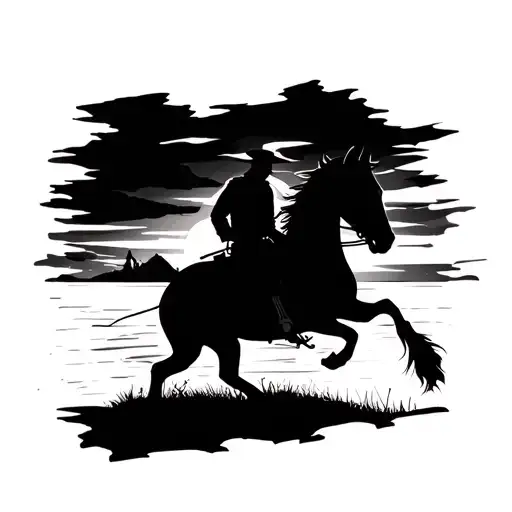 Cowboy Silhouette Riding Into The Sunset