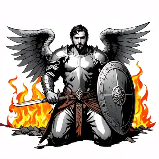 Kneeling Man With Armour And Wings Holding A Sword And Shield With Burning Kingdom Background