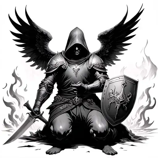 Kneeling Hooded Man With Armour And Wings Holding A Sword And Shield With Burning Kingdom Background