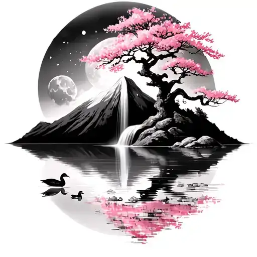 Moon Over Mountain Cascading On Lake With Big Cherry Blossom Tree Waterfall And Ducks