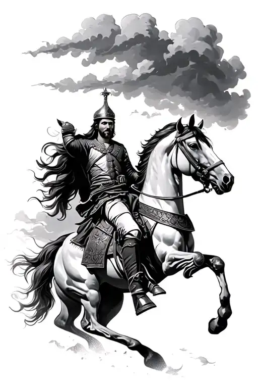 King Tomislav On A Horse Galloping With Dark Clouds Above Him