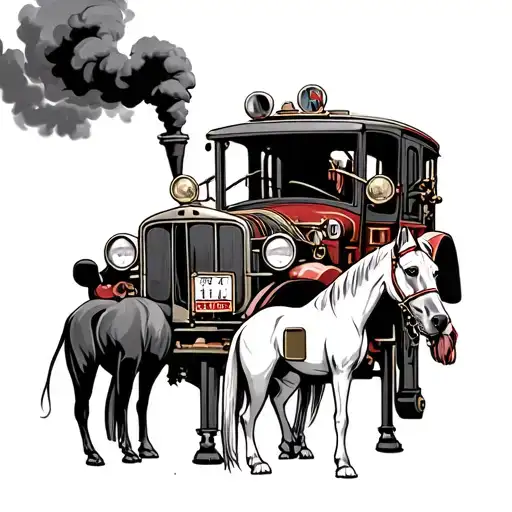 Steam Fire Engine With Three Horse And Great Dane In Front