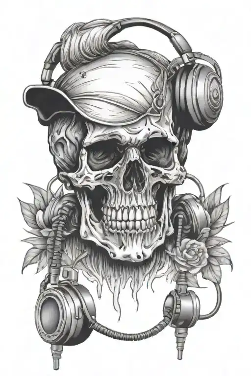 Skull With La Cap And Headphones Listening To Music