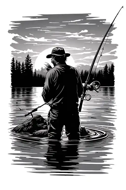 Fishing On Lake At Sunset