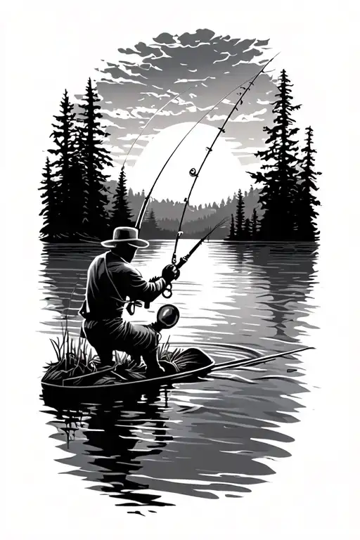 Fishing On Lake At Sunset