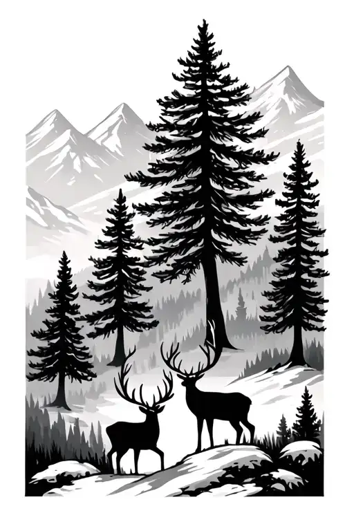 Mountain Pine Trees Deer Standing