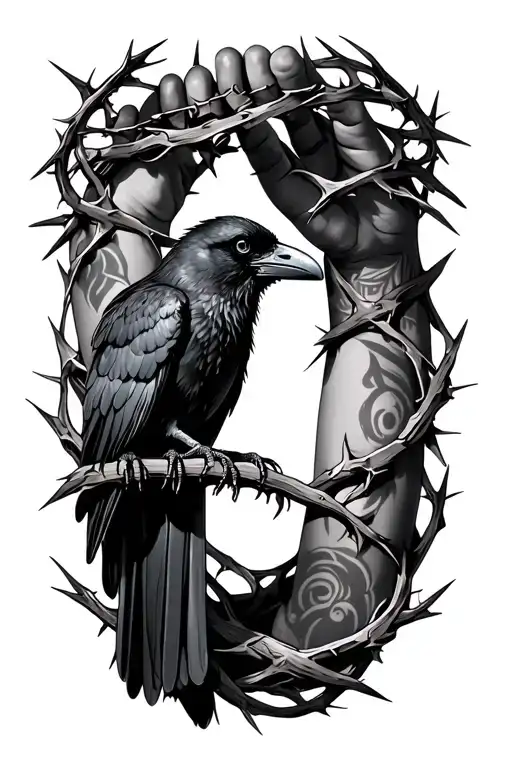 Crown Of Thorns Wrapping Around Fore Arm With A Raven Sitting