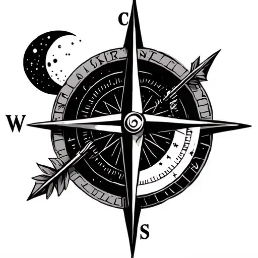 Half Compass With Moon And Arrow
