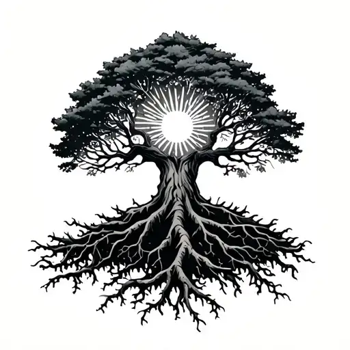 Sun Rays Above A Ceder Tree With Roots