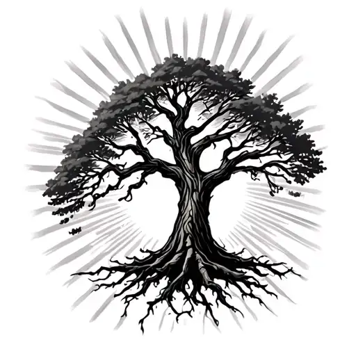 Sun Rays Shooting From Behind A Ceder Tree With Roots