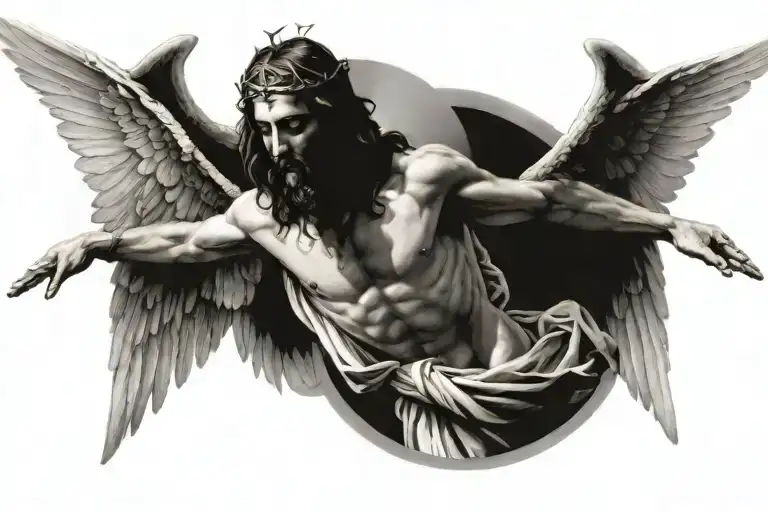 Jesus On Cross In Centre Angelic Wings Spread