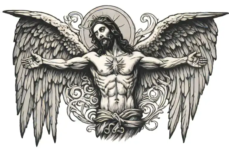 Jesus On Cross In Centre Angelic Wings Spread Symmetrical