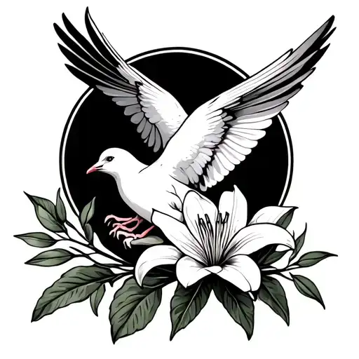 Dove Holding A Lily Flower And Olive Branches Stretching Towards