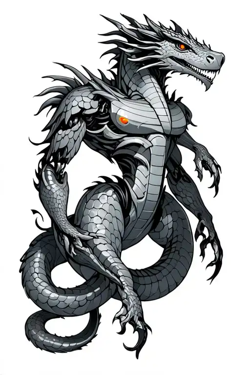 Robot Dragon With Snake Full Leg Tattoo Design