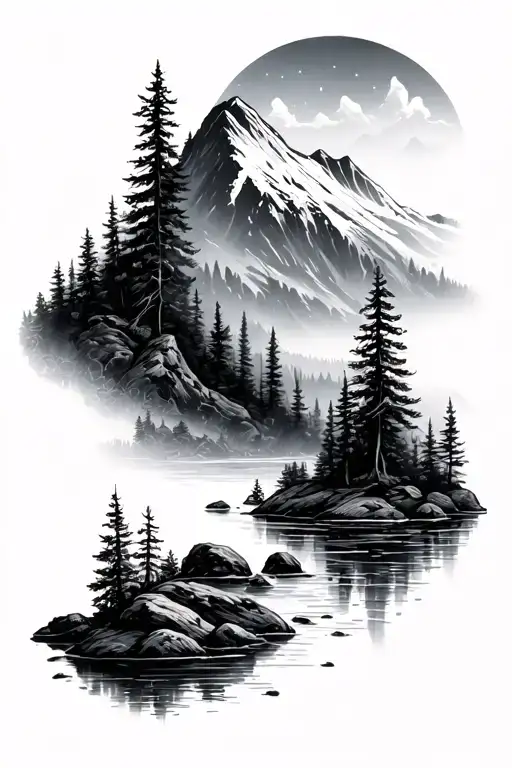 Moutain With Forest And Water