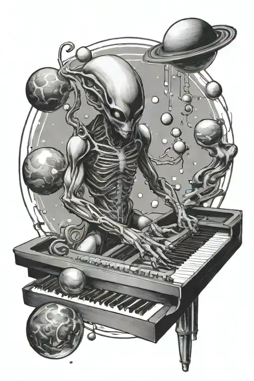 Alien Music Pianist Surrounded By Planets