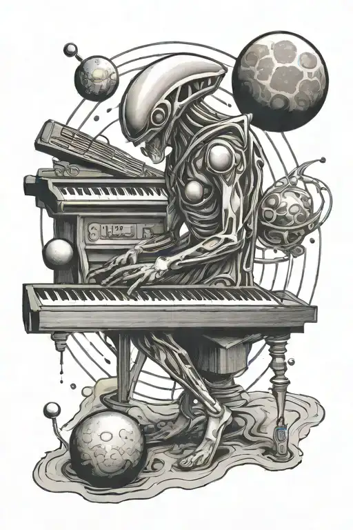 Alien Music Pianist Surrounded By Planets