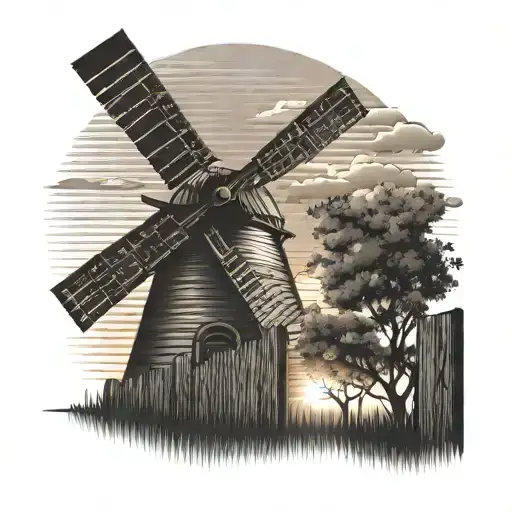 Windmill Wooden Fence Sunset Sky