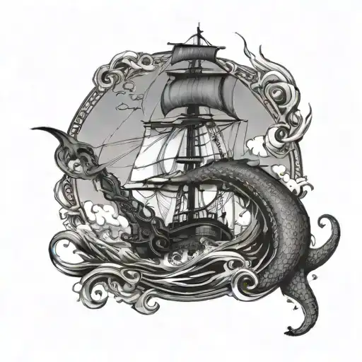 A Dog Bravely Defending A Ship From A Kraken Attack