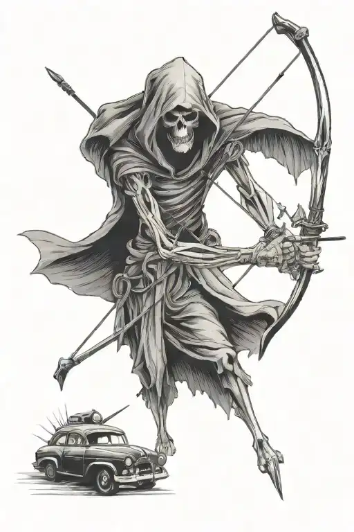 Grim Reaper With Bow And Arrow With Compass And Old Police Car Behind