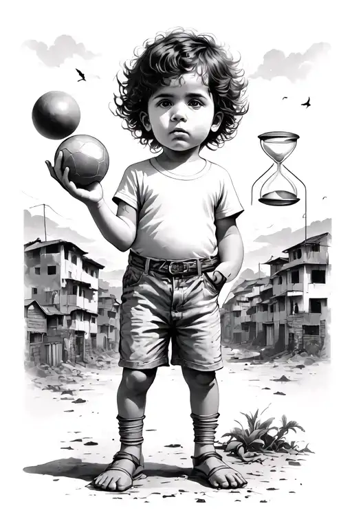 Child In The Favelas With Ball In Hand And Hourglass In The Sky