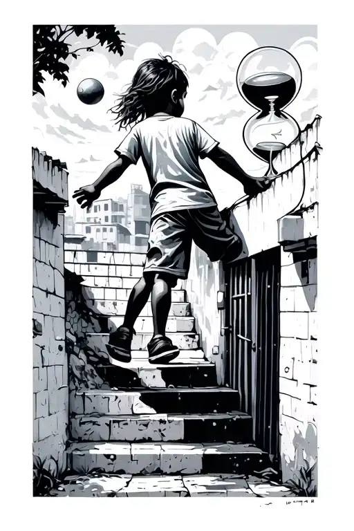 Child From Behind Climbing The Stairs In The Favelas With Ball In Hand And Hourglass In The Sky