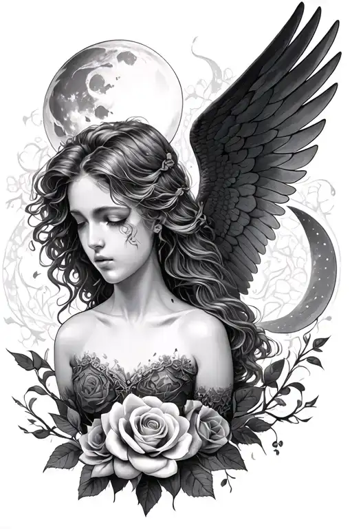 Fallen Angel With Moons And Roses
