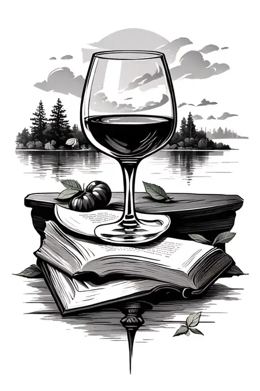 Wine Glass And Bookon Table With Scenic Background