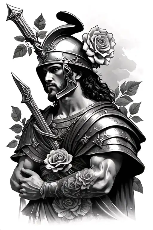 Arm Sleeve Roman Soldier With Sward Wrapped In Roses