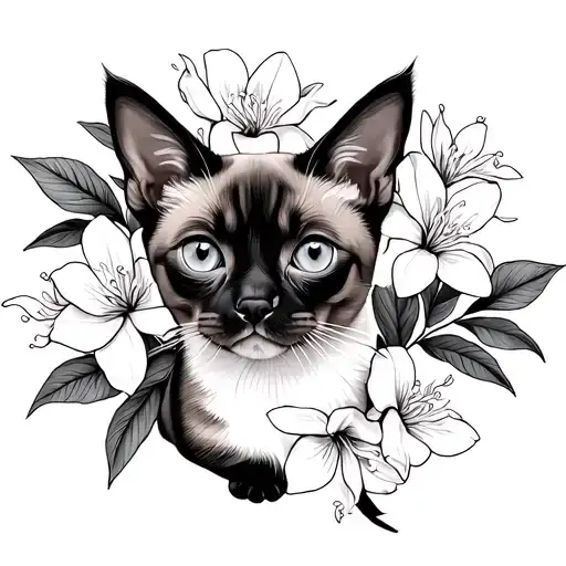 Puppy Siamese Cat And Jasmine Flowers