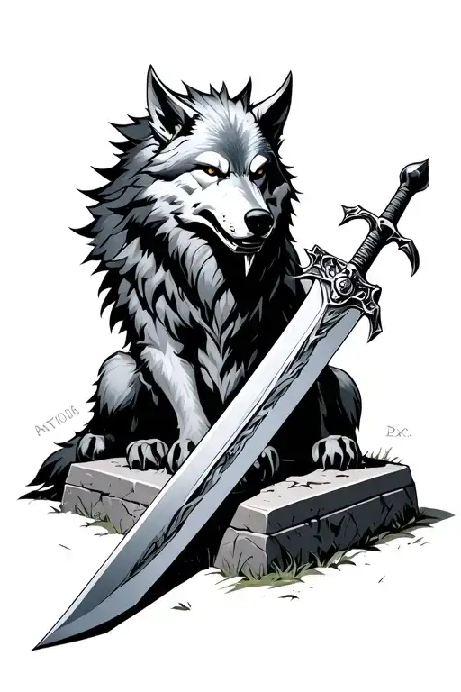 Great Wolf Sif Resting On Artorais' Grave With Artorias' Great Sword In His Mouth