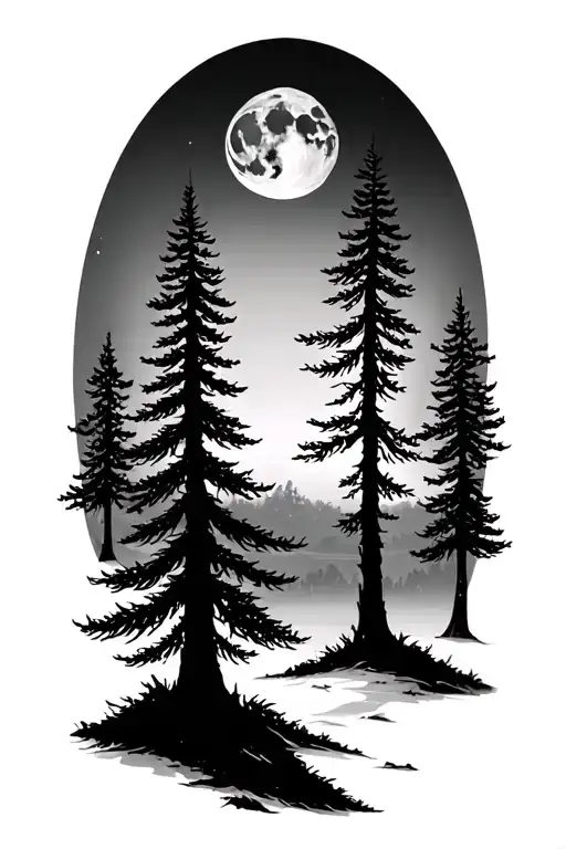 Pine Tree Under The Moon Surrounded
